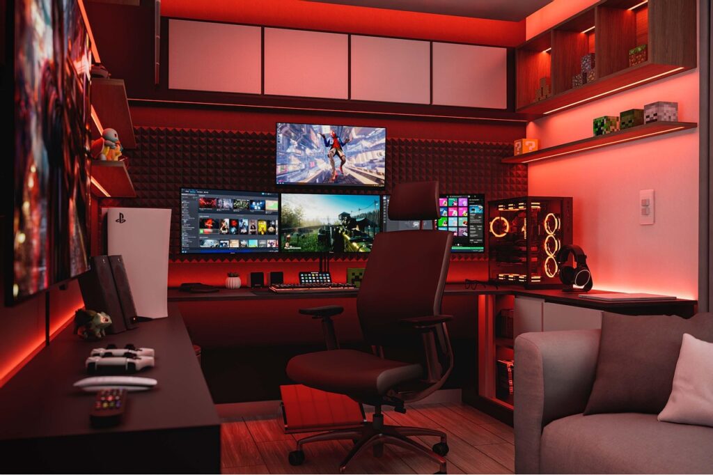 Home interior design, home office, modern interior, bedroom, study, pc, earphone, headphones, music, sound, technology, games, playstation, gamer, ps4, ps5, console, play, xbox, red, space red, night, led, dark, render